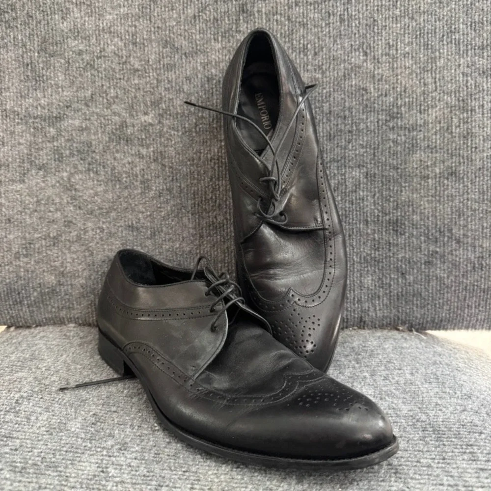 Emporio Armani Mens Black Leather Wingtip Brogue Oxford Dress Shoes Italy 41.5